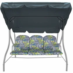 Poduszki ogrodowe 150cm na huśtawkę, komplet z jaśkami i daszkiem, wzór kwiatowy na szarym tle.
