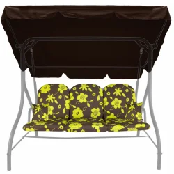 Poduszki na huśtawkę ogrodową z daszkiem, brązowe w żółte kwiaty. Zestaw z jaśkami do ogrodu.