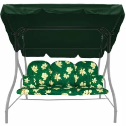 Poduszki na huśtawkę ogrodową, wzór kwiatowy, zielono-żółte, z daszkiem. Kompletny zestaw na taras lub działkę.