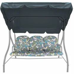 Poduszki 150cm na huśtawkę ogrodową z daszkiem, wzór w motyle. Kolorystyka szaro-niebieska z kolorowymi motywami.