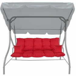Czerwone poduszki ogrodowe na huśtawkę, składające się z dużej poduszki i dwóch małych jaśków.