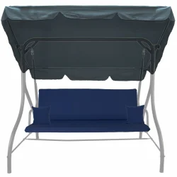 Poducha na huśtawkę ogrodową 150cm, ciemnogranatowa, z daszkiem i dwoma jaśkami. Idealna do ogrodu lub na taras.