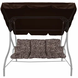 Poduchy ogrodowe na huśtawkę z daszkiem, brązowe z wzorem roślinnym. Zestaw zawiera poduszki i daszek.