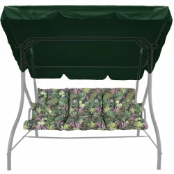 Poduszki ogrodowe 150cm na huśtawkę, komplet z daszkiem, wzór tropikalny w zielone liście na ciemnym tle.