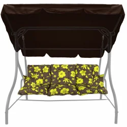 Poduszki na huśtawkę ogrodową, brązowe z żółtym kwiatowym wzorem, z daszkiem. Idealne na taras lub do ogrodu.