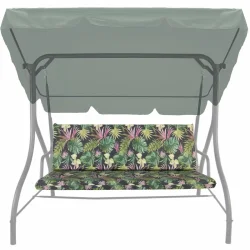 Poduszki 150cm na huśtawkę ogrodową, wzór liście tropikalne. Kolorowy motyw na ciemnym tle.