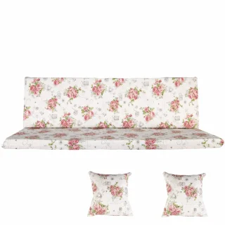 Poduszki ogrodowe 150 cm na ławkę; komplet z jaśkami; różowe kwiaty na białym tle.