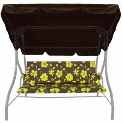 Poduszka na huśtawkę ogrodową 150cm z jasnymi kwiatowymi wzorami na brązowym tle, z daszkiem.