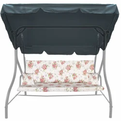 Poduszka na huśtawkę ogrodową, wzór kwiatowy, biała z różowymi różami, w zestawie z daszkiem.