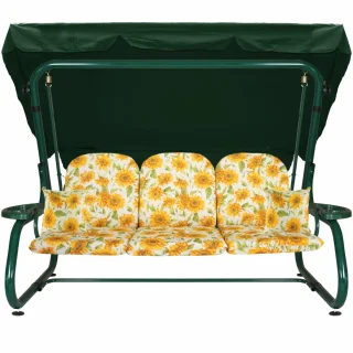 Huśtawka ogrodowa z zielonym daszkiem, wzór słoneczników na siedzisku. Idealna na taras lub do ogrodu.