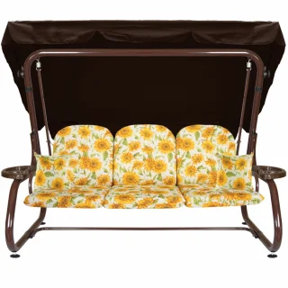 Huśtawka ogrodowa z daszkiem, do ogrodu. Brązowy stelaż, żółte poduszki z kwiatowym wzorem.