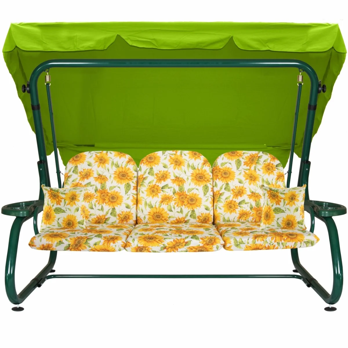 Huśtawka ogrodowa w kwiatowy wzór, zielona konstrukcja. Przeznaczona do ogrodu.