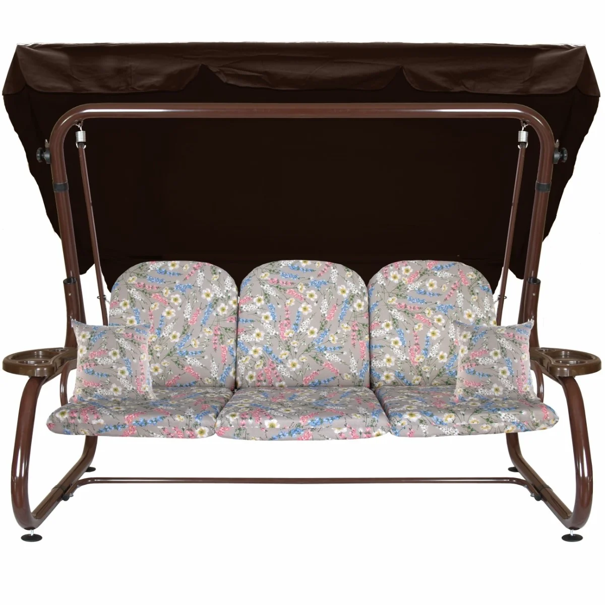 Huśtawka ogrodowa z nadrukiem kwiatowym, przeznaczona do ogrodu. Całość w brązach i pastelowych kolorach.