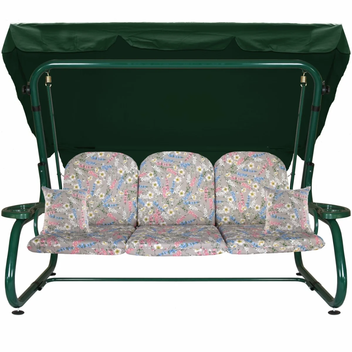 Huśtawka ogrodowa z daszkiem, przeznaczona do ogrodu lub na taras. Kolor zielony z kwiatowym wzorem na poduszkach.