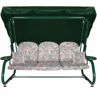 Huśtawka ogrodowa z daszkiem, przeznaczona do ogrodu lub na taras. Kolor zielony z kwiatowym wzorem na poduszkach.