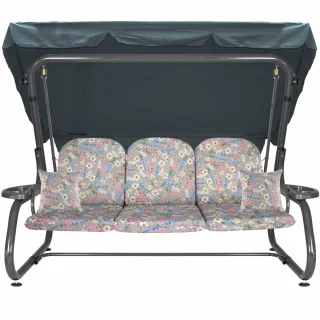 Huśtawka ogrodowa z daszkiem, cała, wzór kwiatowy, szaro-niebieska.