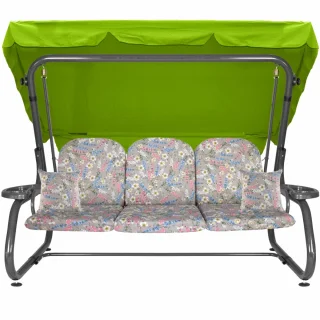Huśtawka ogrodowa z limonkowym daszkiem i kwiatowym wzorem na poduszkach, cała. Idealna do ogrodu.