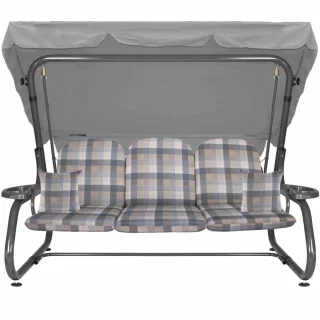 Huśtawka ogrodowa na taras z szarym daszkiem. Siedzisko w kratkę z poduszkami, cała huśtawka.
