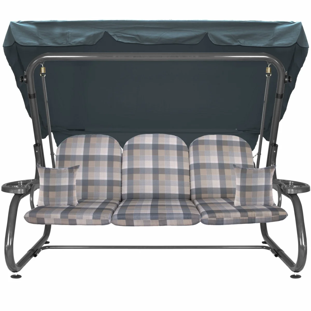 Huśtawka ogrodowa z daszkiem i kratkowanymi poduszkami. Idealna do ogrodu, szara konstrukcja.