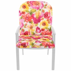Poduszka na fotel ogrodowy pojedyncza, kolorowy kwiatowy wzór z dominacją różu i żółci.