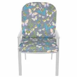 Poduszka na fotel ogrodowy z motywem motyli i roślin na szarym tle, pojedyncza sztuka.