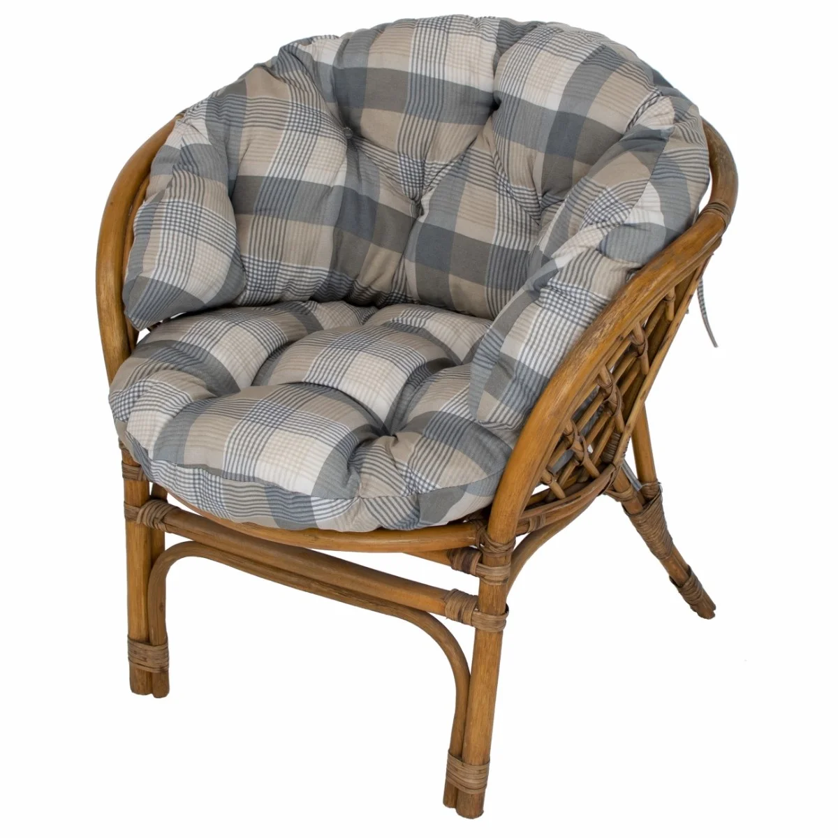 Poduszka na rattanowy fotel ogrodowy w kratę, szaro-beżowy wzór. Idealna do ogrodu lub na taras.
