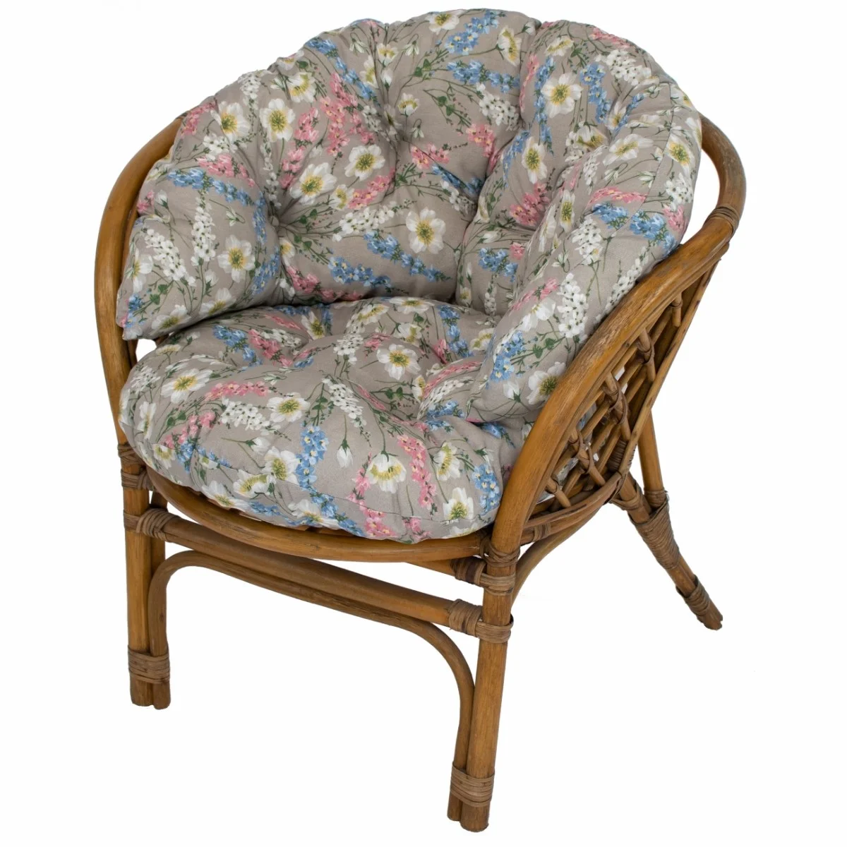 Poduszka na rattanowy fotel do ogrodu, wzór kwiatowy w pastelowych kolorach.