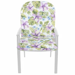 Poduszka na fotel ogrodowy pojedyncza, z motywem roślinnym i kwiatowym w odcieniach zieleni i fioletu.