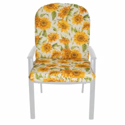 Poduszka na fotel do ogrodu, pojedyńcza sztuka. Wzór w żółte słoneczniki na białym tle.