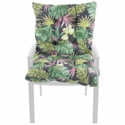 Poduszka na fotel ogrodowy, pojedyńcza sztuka, w tropikalny wzór z zielonymi liśćmi na ciemnym tle.