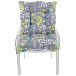 Poduszka na fotel ogrodowy, pojedyncza, szaro-zielona z wzorem roślinnym i napisami.