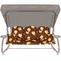 Poduszki ogrodowe 180cm na huśtawkę z jaśkami, brązowe w żółte kwiaty.