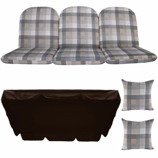 Poduszki ogrodowe 180cm na ławkę z jaśkami i daszkiem, wzór w kratę brązowo-szary. Idealne na taras.