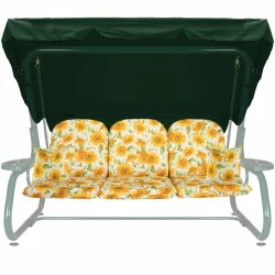 Poduszki ogrodowe na huśtawkę z daszkiem, wzór słoneczników, zielono-żółte.