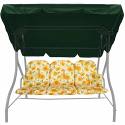 Poduszki ogrodowe na huśtawkę z daszkiem, wzór słoneczników, żółto-zielone. Komplet z poduszkami dekoracyjnymi.