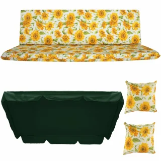 Poduszki ogrodowe 180cm na huśtawkę z jaśkami i daszkiem. Wzór w słoneczniki.