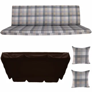 Poduchy ogrodowe 180cm na huśtawkę, komplet z jaśkami i daszkiem, w kratkę w brązowych odcieniach.