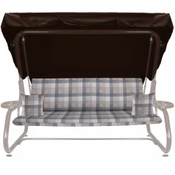 Poduszka ogrodowa 180cm na huśtawkę z jaśkami w kratkę brązowo-szaro-niebieską. Kompletny zestaw z daszkiem.