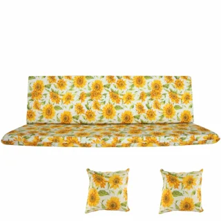 Poduszki ogrodowe 150cm na ławkę, zestaw z jaśkami, wzór słoneczników, żółte i zielone detale.