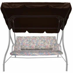 Poduszka na huśtawkę 150cm do ogrodu z jasnymi kwiatami i daszkiem. Poduszka z jaśkami, kolorowe motywy kwiatowe.