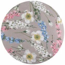 Poduszka ogrodowa okrągła, kwiatowy wzór. Wielokolorowe kwiaty na beżowym tle.