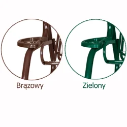 Metalowa huśtawka ogrodowa, brązowa i zielona, do ogrodu. Widoczne fragmenty ramy i uchwytów.