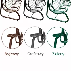 Huśtawka ogrodowa metalowa z podłokietnikami w trzech kolorach: brązowym, grafitowym i zielonym. Idealna na taras lub do ogrodu.