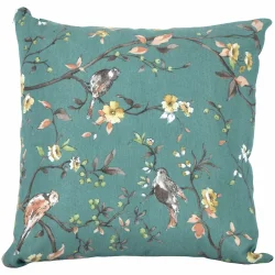 Dekoracyjny jasiek na kanapę z zielonym tłem, zdobiony motywem ptaków i kwiatów. Pojedynczy egzemplarz.