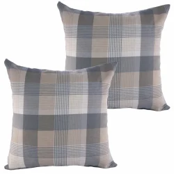 Dwie poduszki dekoracyjne w kratkę w odcieniach szarości i beżu. Idealne do wnętrz i na taras.