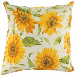 Poduszka dekoracyjna w słoneczniki. Kolorystyka żółto-zielona na jasnym tle.