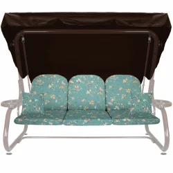 Poduszki ogrodowe 180cm na huśtawkę, z jaśkami i daszkiem, wzór kwiatowy na turkusowym tle.