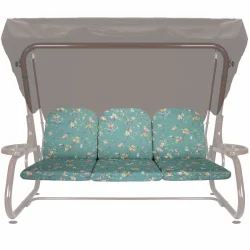 Poduszka na huśtawkę ogrodową 180cm, turkusowa z kwiatowym wzorem, z trzema miejscami siedzącymi.