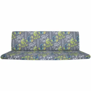 Poduszki ogrodowe 180cm na ławkę z kolorowym, kwiatowym wzorem. Wzór w zielone i niebieskie kwiaty na szarym tle.