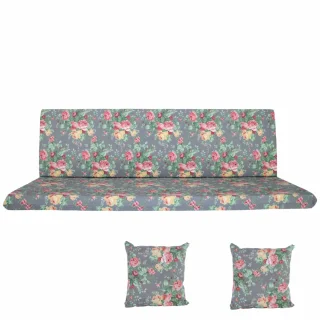 Poduszka ogrodowa 150cm na huśtawkę z jaśkami, kwiatowy wzór na szarym tle.